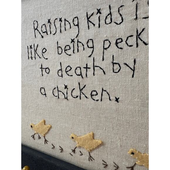 “Raising Kids” Chicken Embroidery – Framed Folk Art Quote with Felt Appliqué - Picture 6 of 6